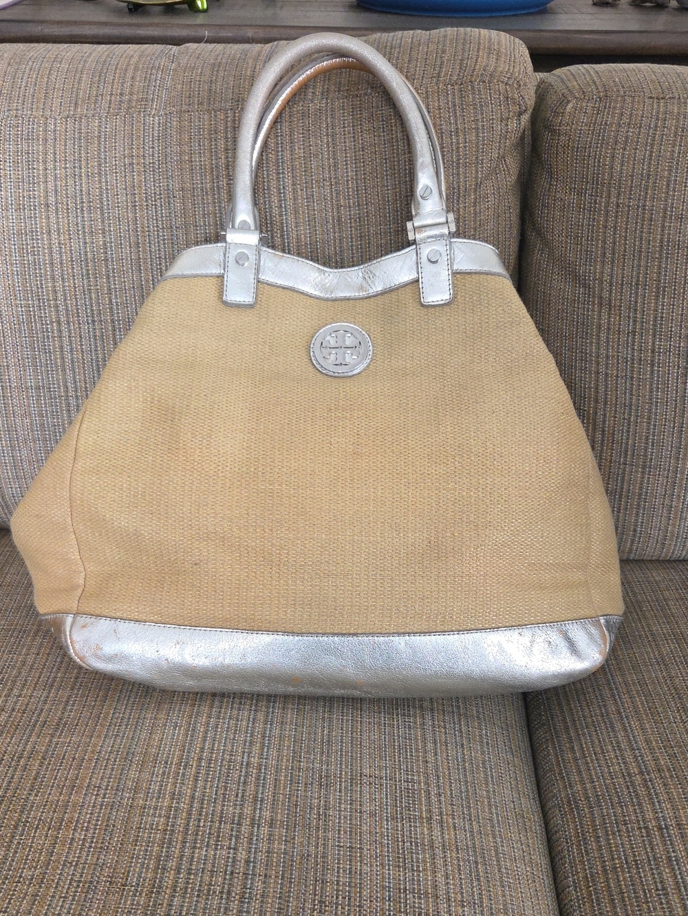 Tory Burch Beige straw Tote with Silver Trim